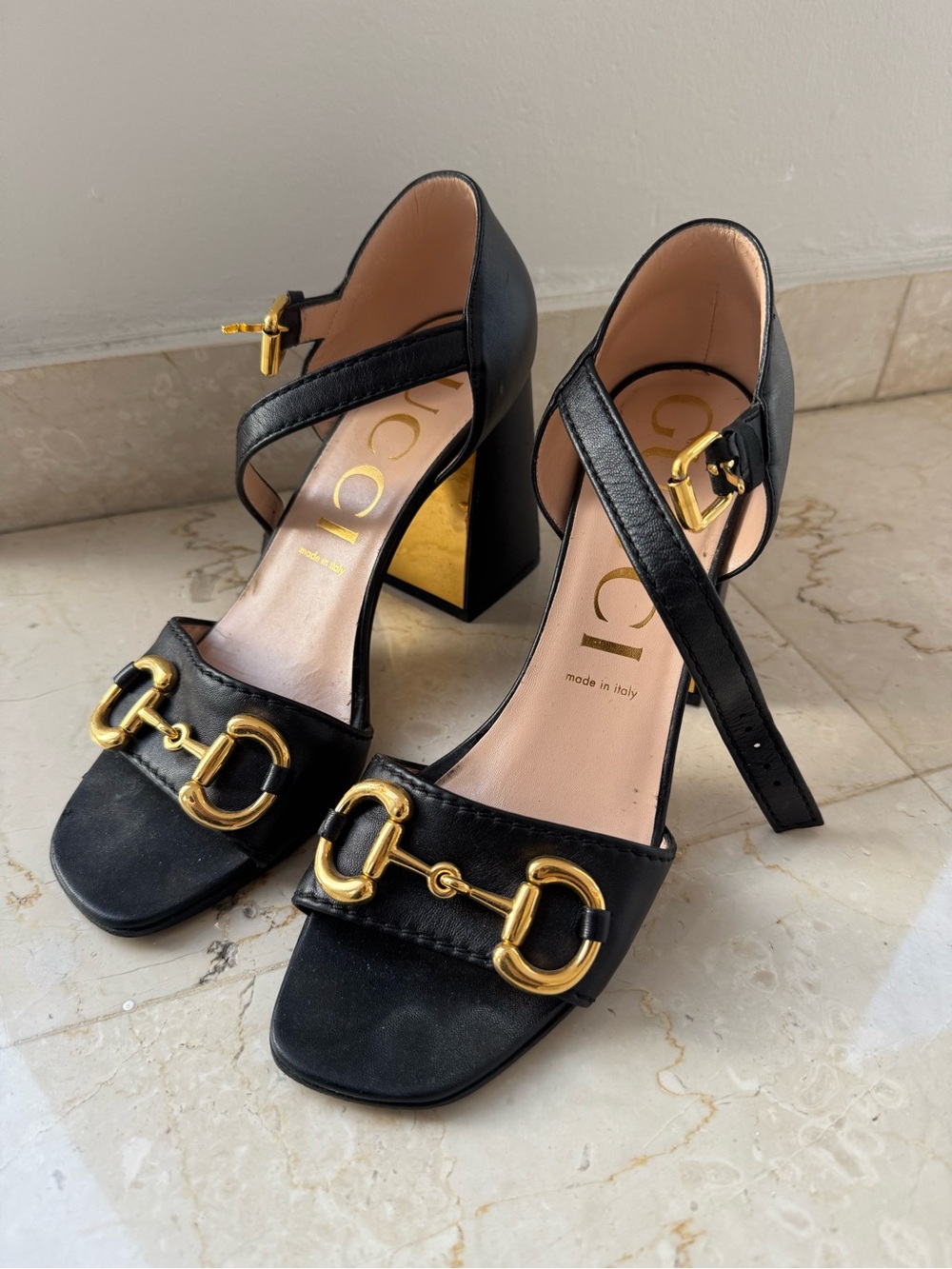 Gucci Black Leather Block Heel Sandals with Gold Horsebit Accent